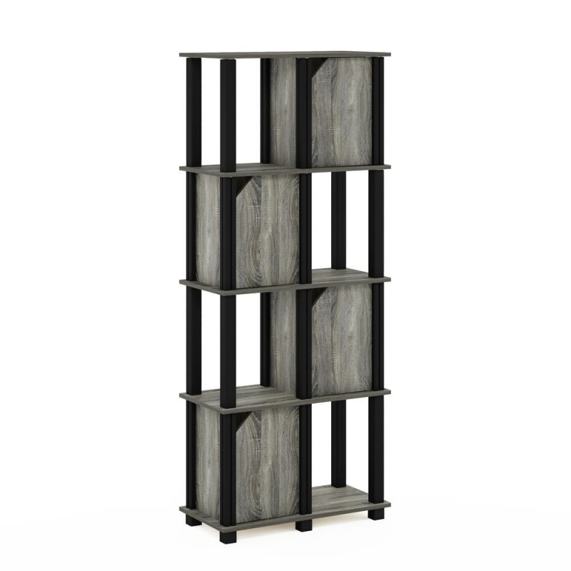 Furinno Brahms 5-Tier Storage Shelf With 4 Doors, French Oak Grey/Black