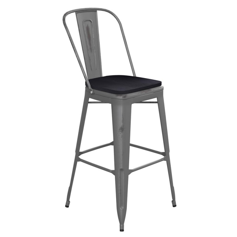 30'' High Clear Coated Indoor Barstool With Back And Black Poly Resin Wood Seat