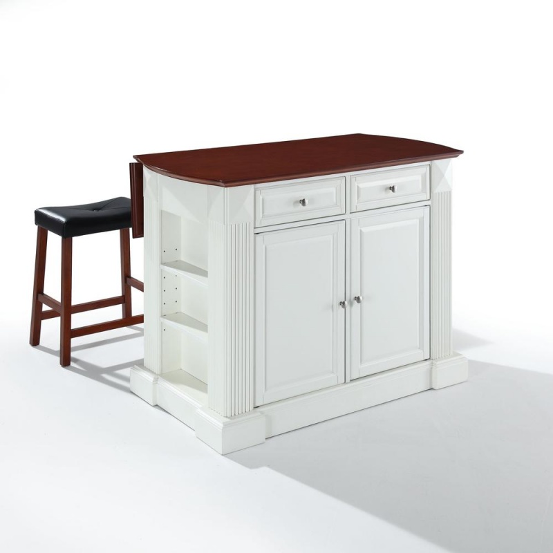 Coventry Drop Leaf Top Kitchen Island W/Uph Saddle Stools White/Cherry - Kitchen Island, 2 Counter Height Bar Stools