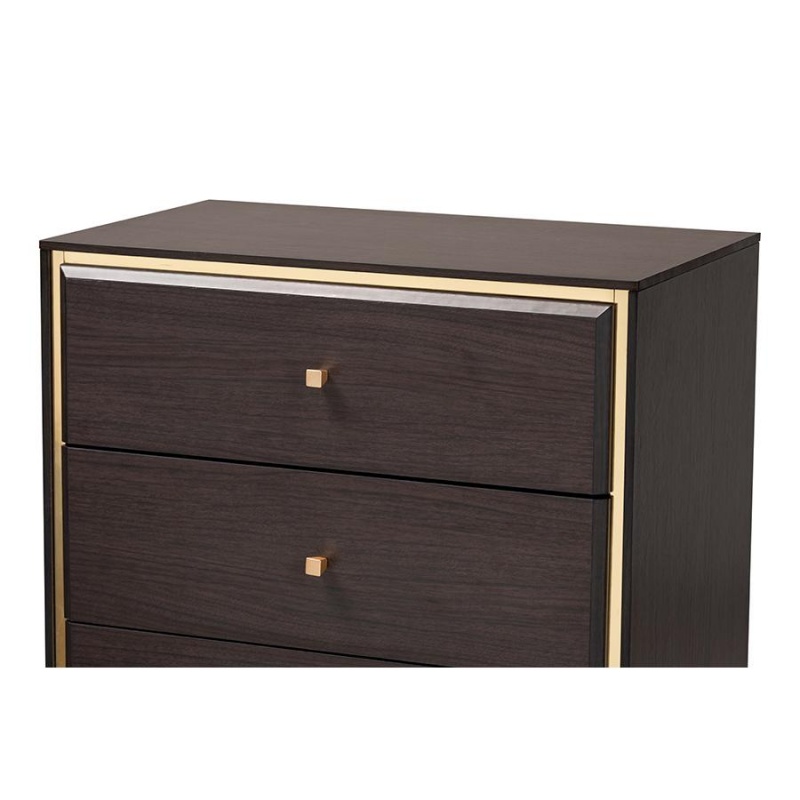 Baxton Studio Cormac Mid-Century Modern Transitional Dark Brown Finished Wood And Gold Metal 5-Drawer Storage Chest