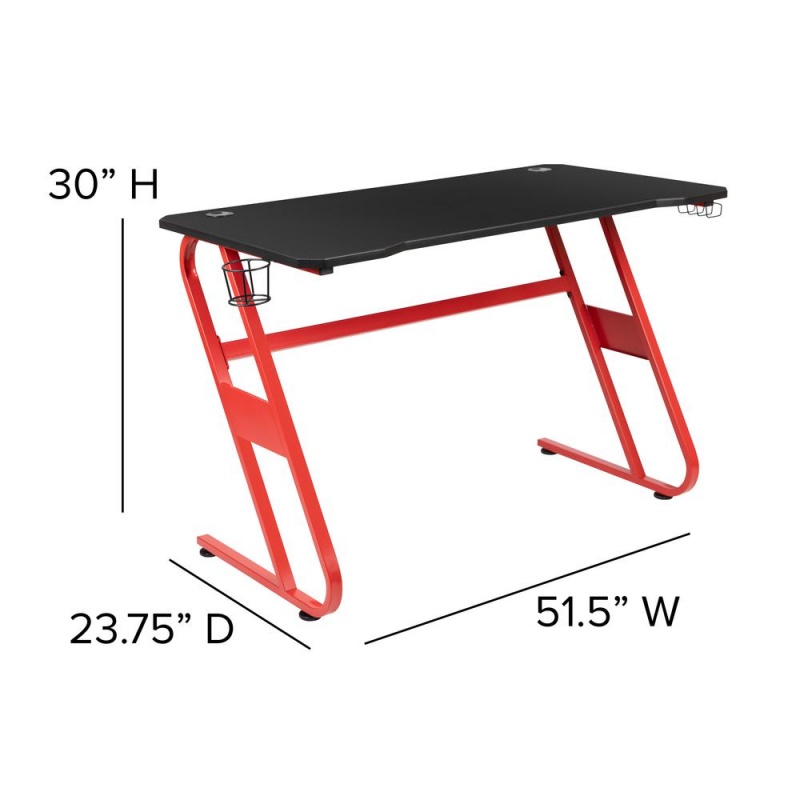 Red Gaming Ergonomic Desk With Cup Holder And Headphone Hook