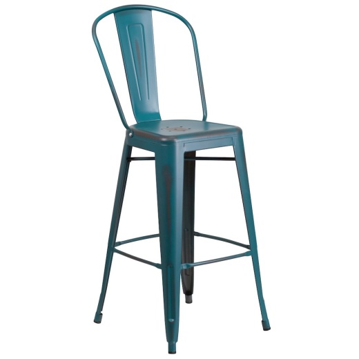 30" High Distressed Kelly Blue-Teal Metal Indoor-Outdoor Barstool with Back
