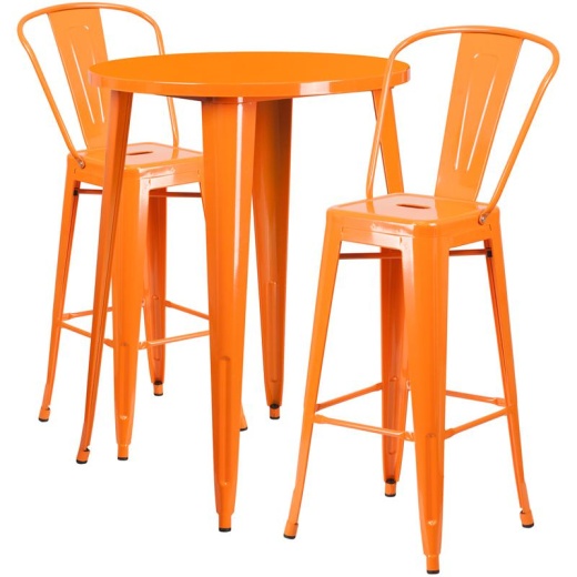 30" Round Orange Metal Indoor-Outdoor Bar Table Set With 2 Cafe Stools