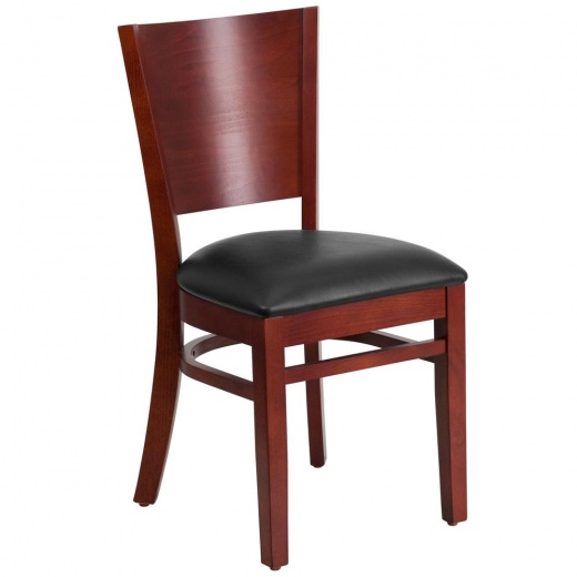 Solid Back Mahogany Wood Restaurant Chair with Black Vinyl Seat