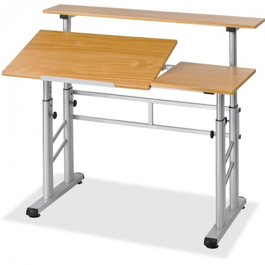 Safco Height-Adjustable Split Level Drafting Table - Rectangle Top - Adjustable Height - Medium Oak - Steel, Wood