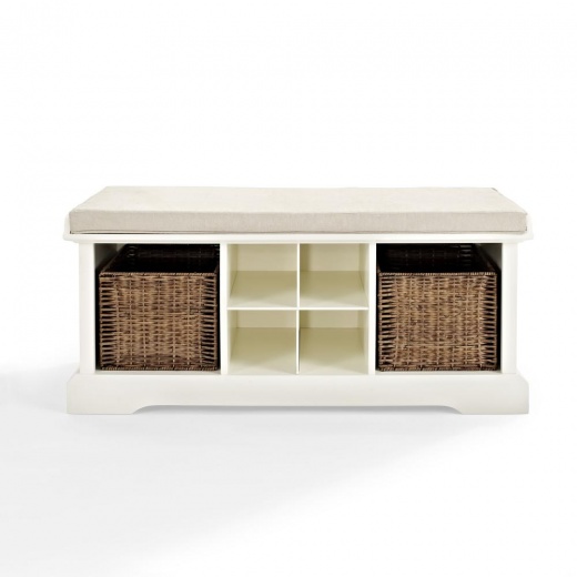 Brennan Storage Bench White/Tan - Bench, 2 Wicker Baskets
