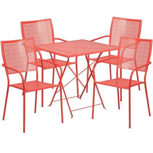 28" Coral Indoor-Outdoor Steel Folding Patio Table Set With 4 Back Chairs