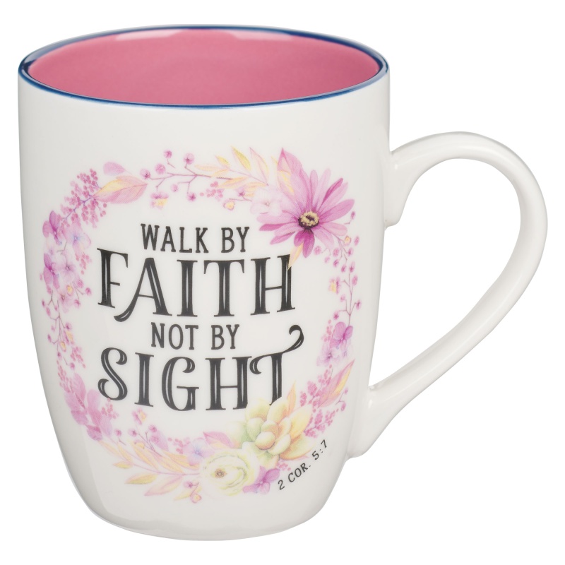 Mug Pink Wreath Walk By Faith 2 Cor. 5:7