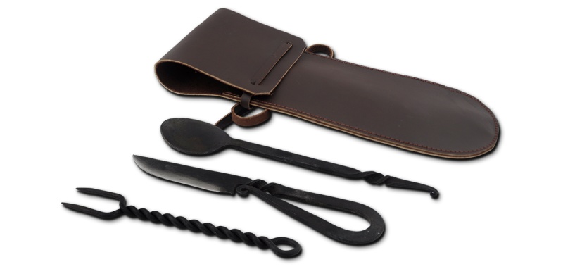 Spoon, Fork, Knife W/Leather Pouch, Blackened Stainless By Say