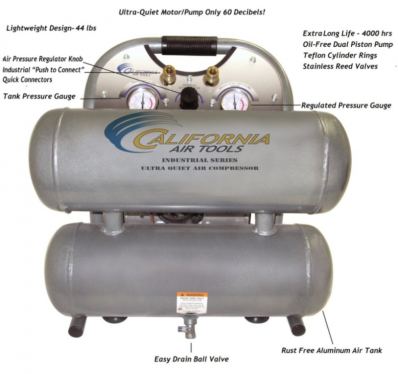 California Air Tools Ultra Quiet, Oil-Free, Lightweight 4610ALFC Air Compressor (Industrial Series) EZ-1-2321 Auto Drain Valve Factoy Installed