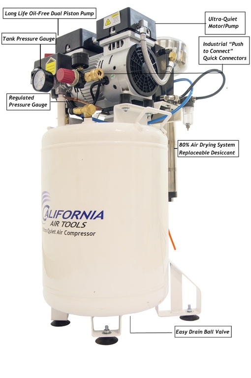 California Air Tools 1.0 Hp Ultra Quiet & Oil-Free with Air Dryer and Aftercooler 10010DC EZ-1-2321 Auto Drain Valve Factory Installed