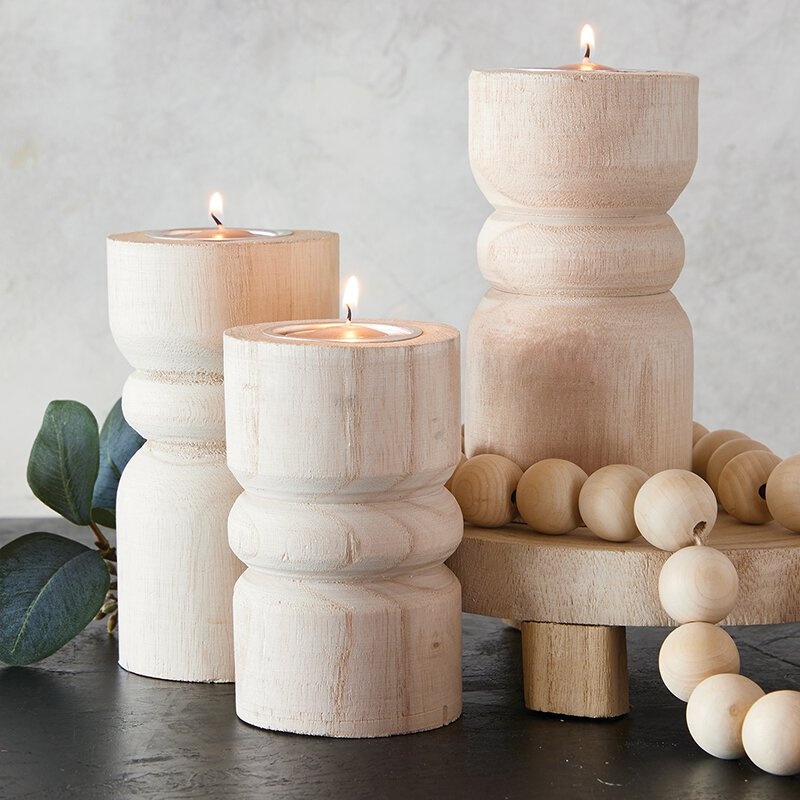 Medium Candle Holder - Natural Wood With Gold Plate