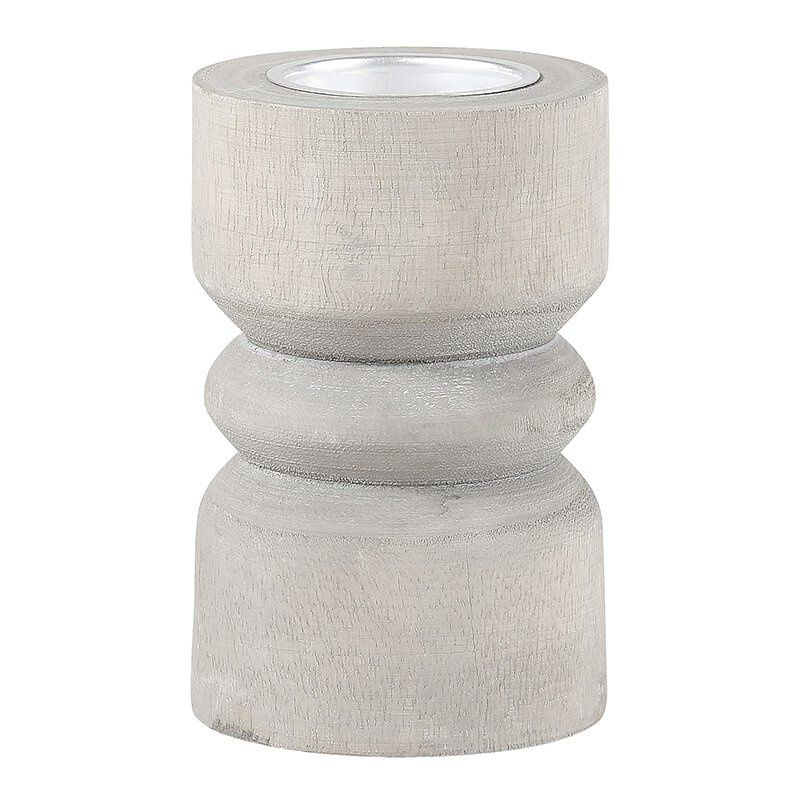 Small Candle Holder - Grey Wood With Silver Plate
