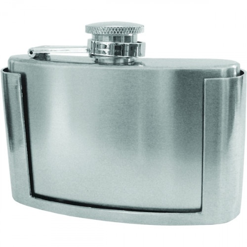 Mini Flask Belt Buckle - Stainless Steel, Magnet Fastened, Satin Finish With Polished Top And Bottom - Fits 1 1/2" Wide Belt, 3 7/8 × 2 15/16"