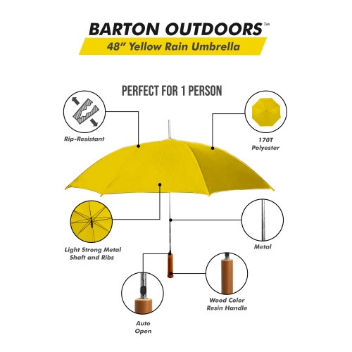 Rain Umbrella - Yellow - 48" Across - Rip-Resistant Polyester - Auto Open - Light Strong Metal Shaft And Ribs - Resin Handle