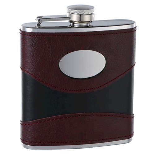 6Oz 2-Tone (Wine/Black) Hip Flask With Engraving Plate