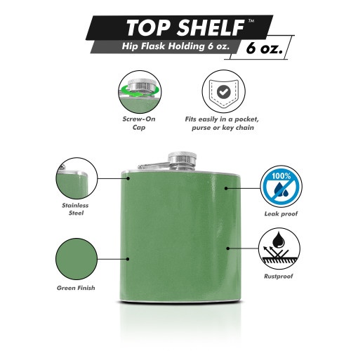 Hip Flask Holding 6 Oz - Pocket Size, Stainless Steel, Rustproof, Screw-On Cap - Green Finish