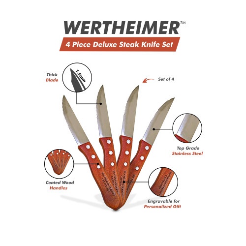 Steak Knives - 1.5Mm Thick Blades - Top Grade Stainless Steel - 5" Coated Wood Handles - Engravable For Personalized Gift - Set Of 4