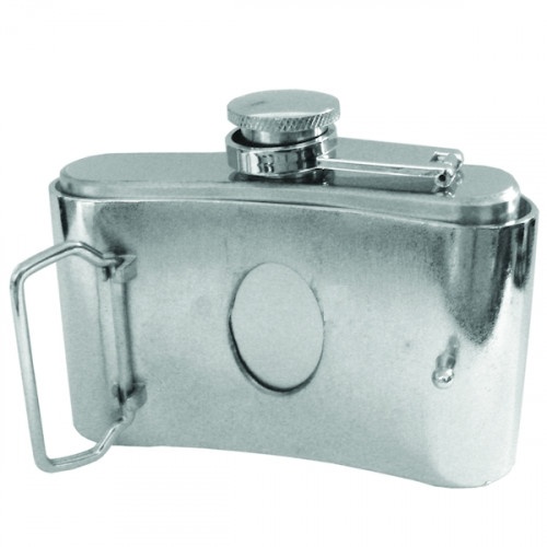 Mini Flask Belt Buckle - Stainless Steel, Magnet Fastened, Satin Finish With Polished Top And Bottom - Fits 1 1/2" Wide Belt, 3 7/8 × 2 15/16"