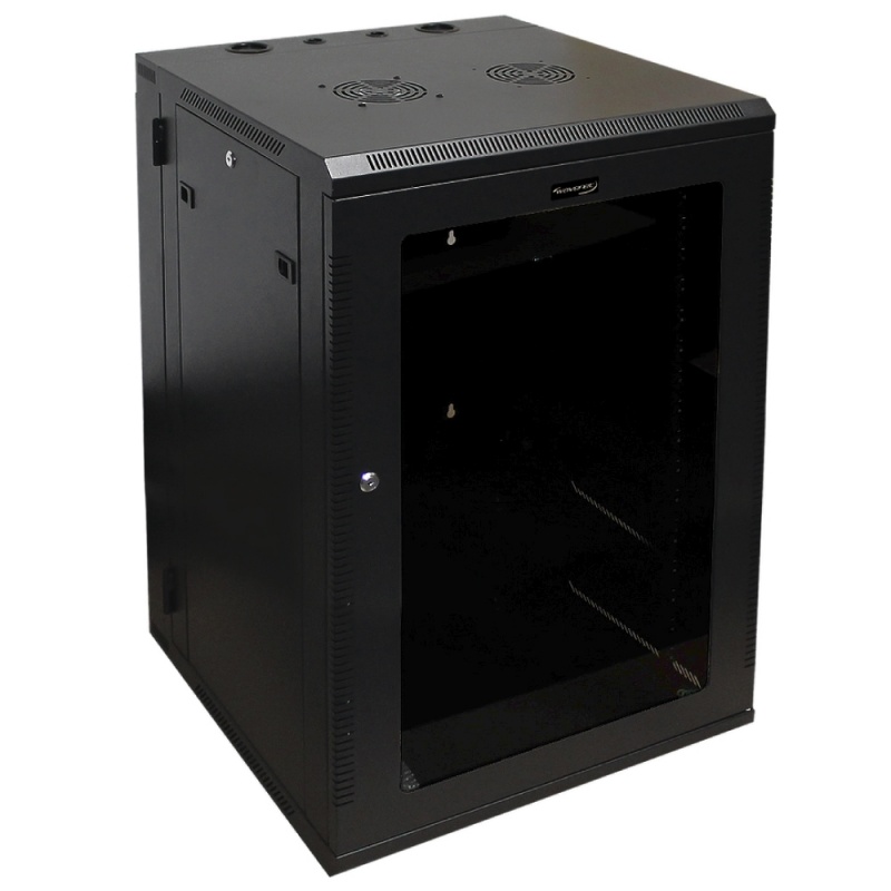 Wavenet - 18U Server Wall Mount Cabinet, 24-Inch Depth, Swing-Out Double Section Network Enclosure With Locking Tempered Glass Door - Black