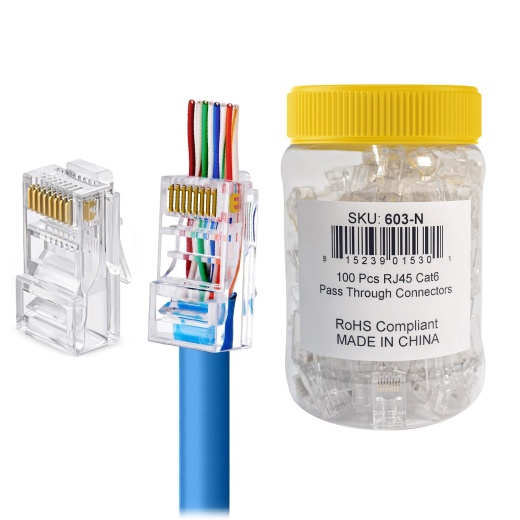 100 Piece - RJ45 Cat5 Cat5e Cat6 Pass-Through Ethernet Network Connectors