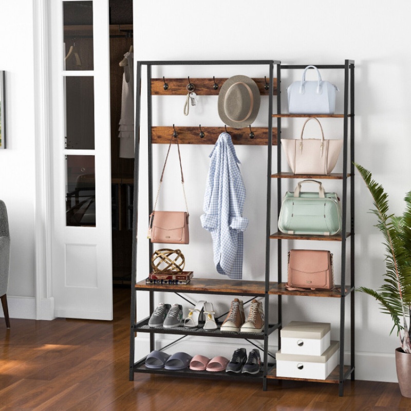 5-In-1 Entryway Hall Tree With Storage Bench With 9 Hooks-Rustic Brown