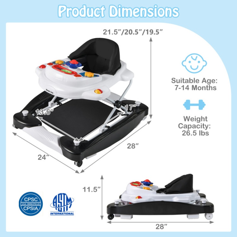 6 In 1 Foldable Baby Walker With Adjustable Height-Black