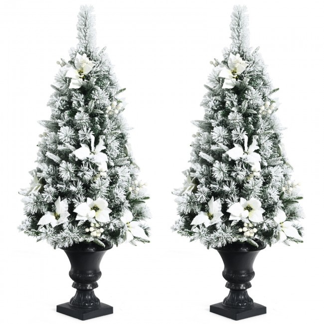 4 Feet Pre-Lit Snowy Christmas Entrance Tree With White Berries And Flowers