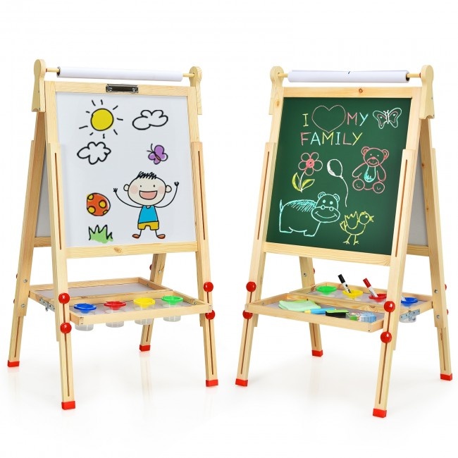 Kids Art Easel With Paper Roll Double-Sided Regulable Drawing Easel Plank