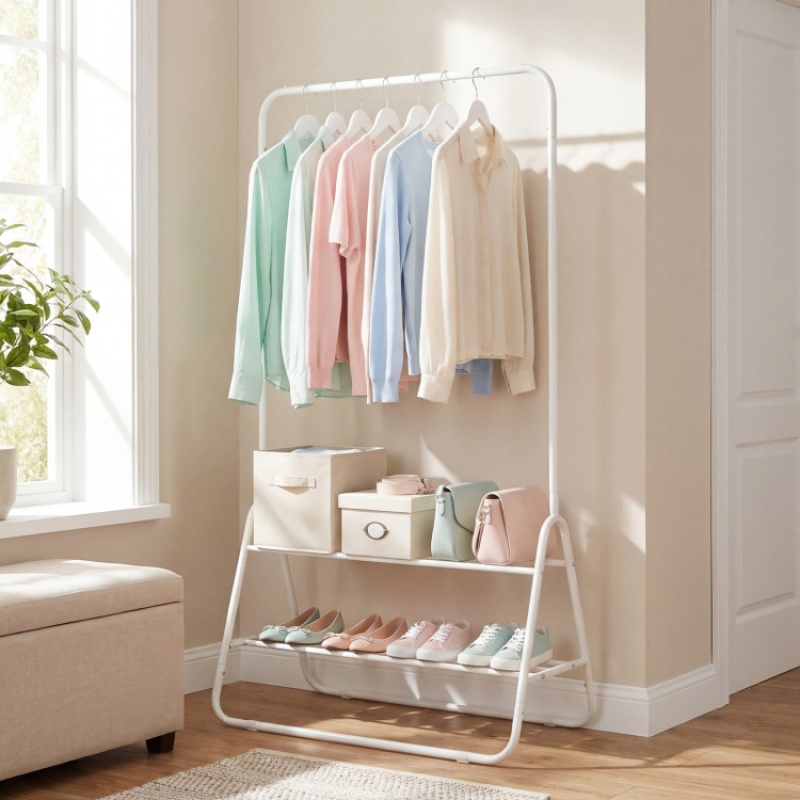 Heavy Duty Clothes Rack With Hanging Rod And Storage Shelves-White