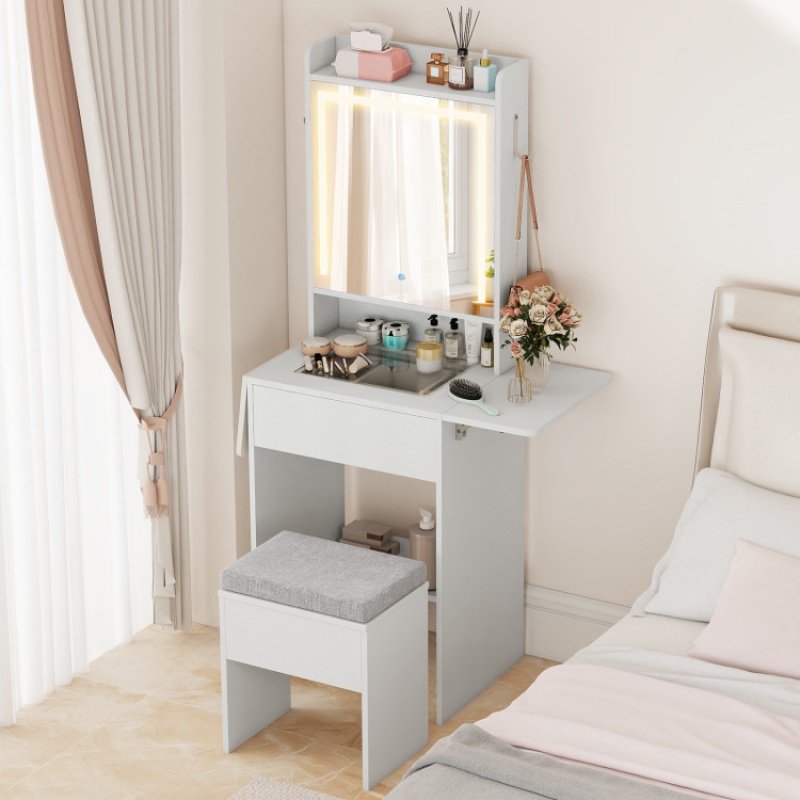 Space-Saving Vanity Desk With Mirror And Lights For Bedroom-White