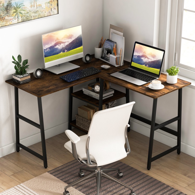 L Shaped Corner Computer Desk With Storage Shelves-Brown