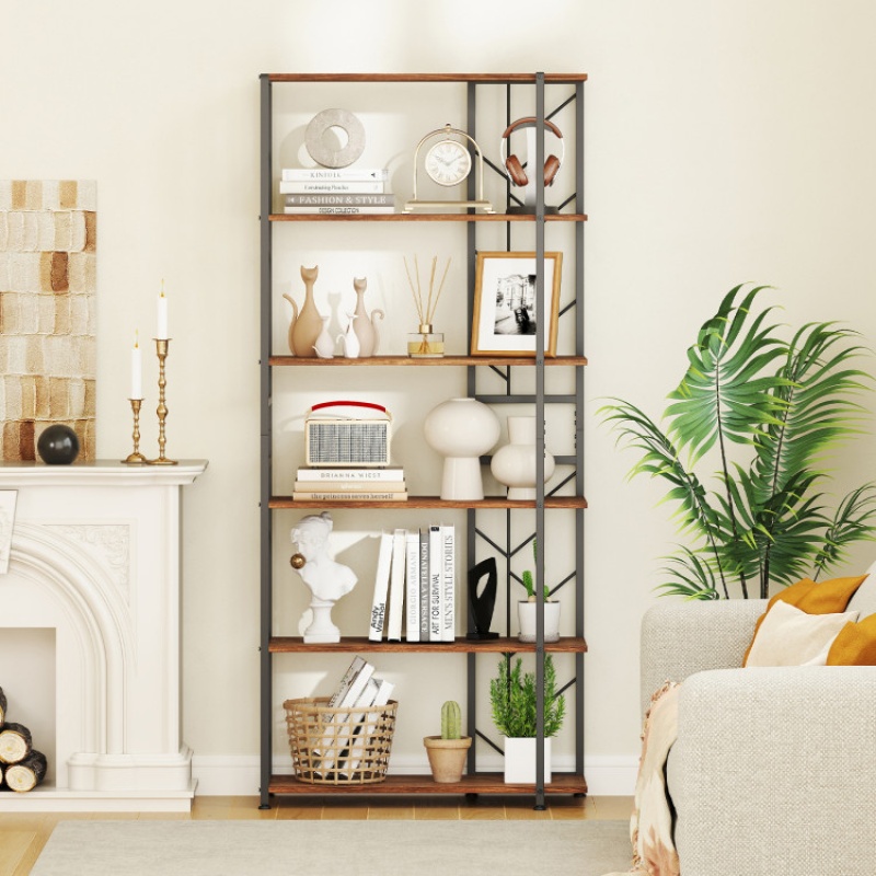 Rustic Brown 6-Tier Geometric Bookshelf