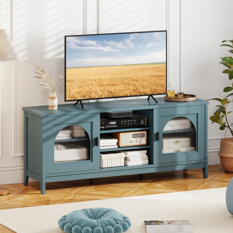 Modern Vintage Tv Cabinet With Adjustable Shelves And 2 Cable Holes For Tvs Up To 65 Inches-Turquoise
