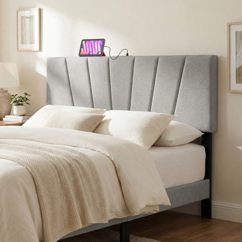 Geometric Upholstered Headboard with Charging Ports