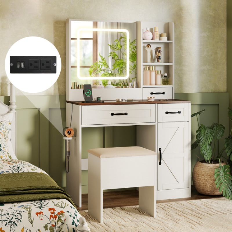Vanity Desk With Mirror And Lights Farmhouse Makeup Dressing Table-White