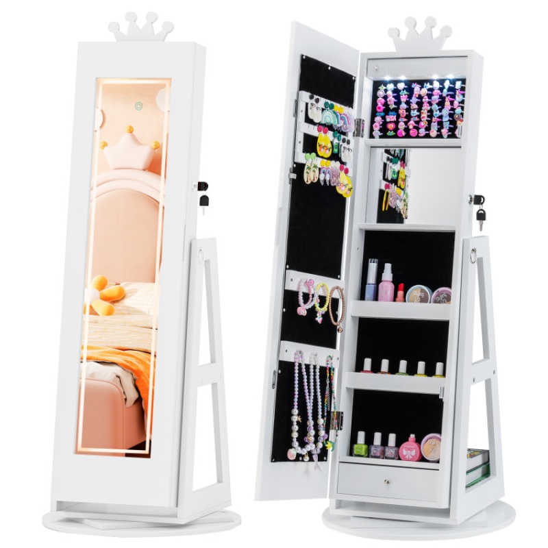 3 In 1 Kids Jewelry Cabinet With 3-Color Lighted Full Length Mirror And Internal Mirror