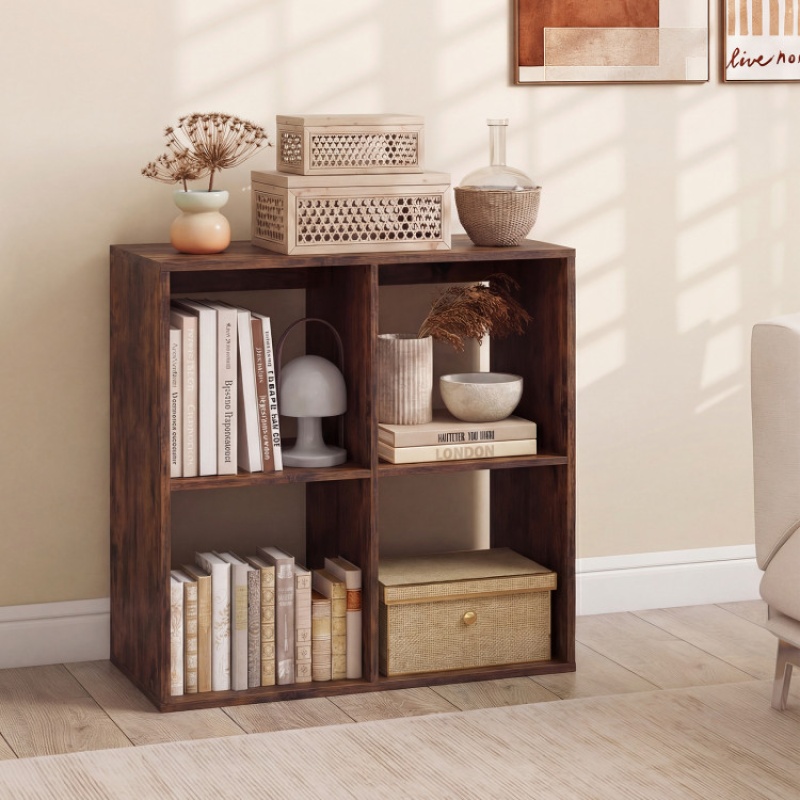 4 Cube Bookshelf With Back Guardrail For Living Room Bedroom-Coffee