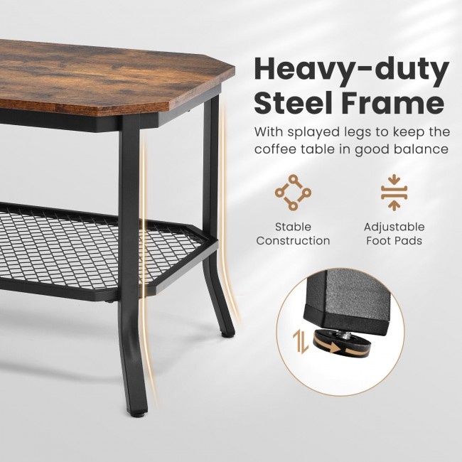 2-Tier Industrial Coffee Table Central Table With Metal Mesh Shelf For Living Room