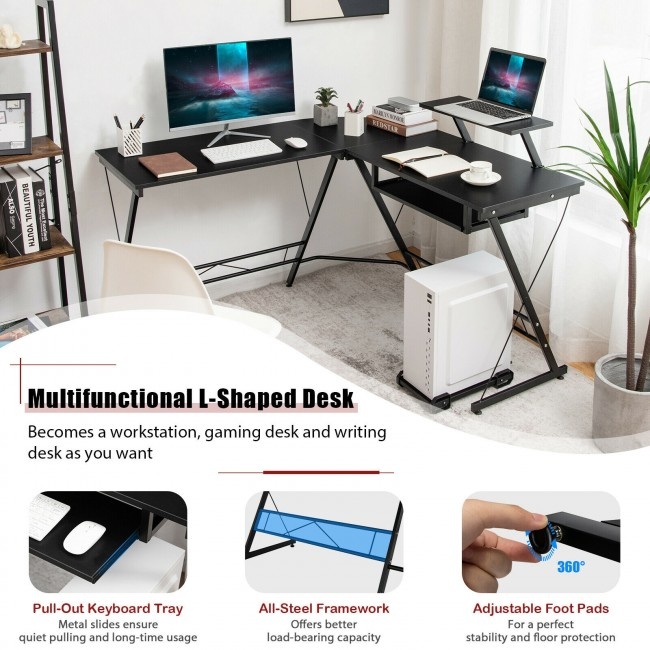 L Shaped Computer Desk Home Office Workstation With Movable Monitor Stand
