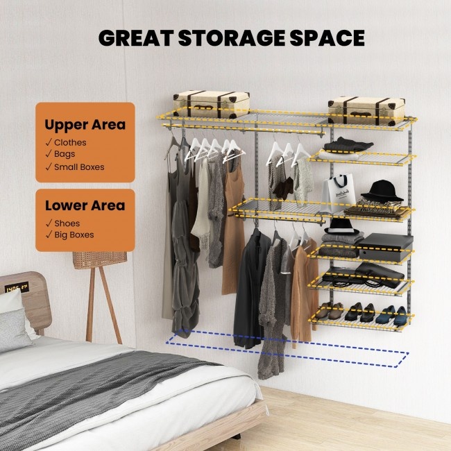 Adjustable Closet Organizer Kit With Shelves And Hanging Rods For 4 To ...