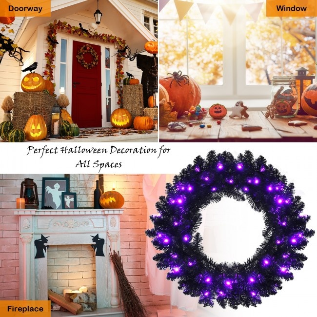 24 Inch Pre-Lit Halloween Wreath With 35 Purple Led Lights