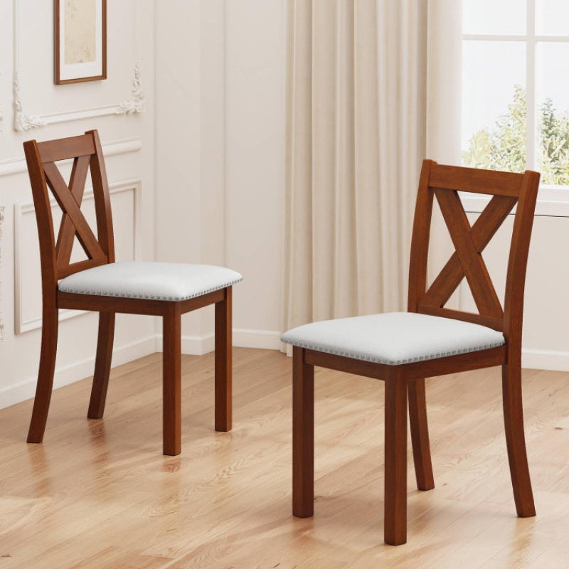 Wooden Dining Chair Set Of 2 With Padded Seat And Curved Back-Beige
