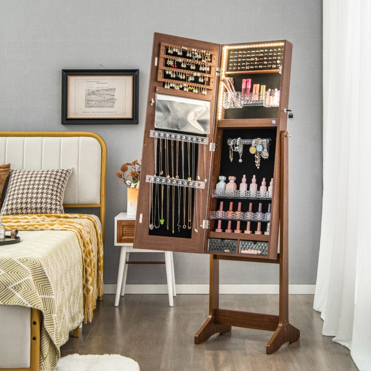 Lockable Jewelry Armoire Standing Cabinet With Lighted Full-Length Mirror-Walnut