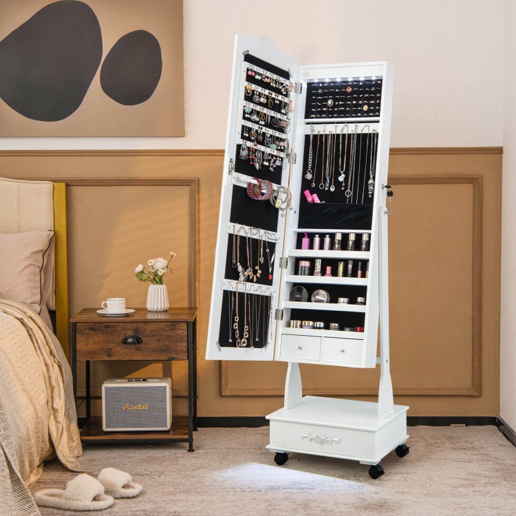 Rolling Floor Standing Mirrored Jewelry Armoire With Lock And Drawers-White