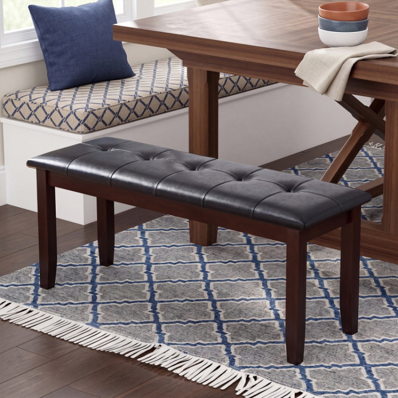 Upholstered Dining Room Pu Bench Solid Wood Button Tufted-Brown