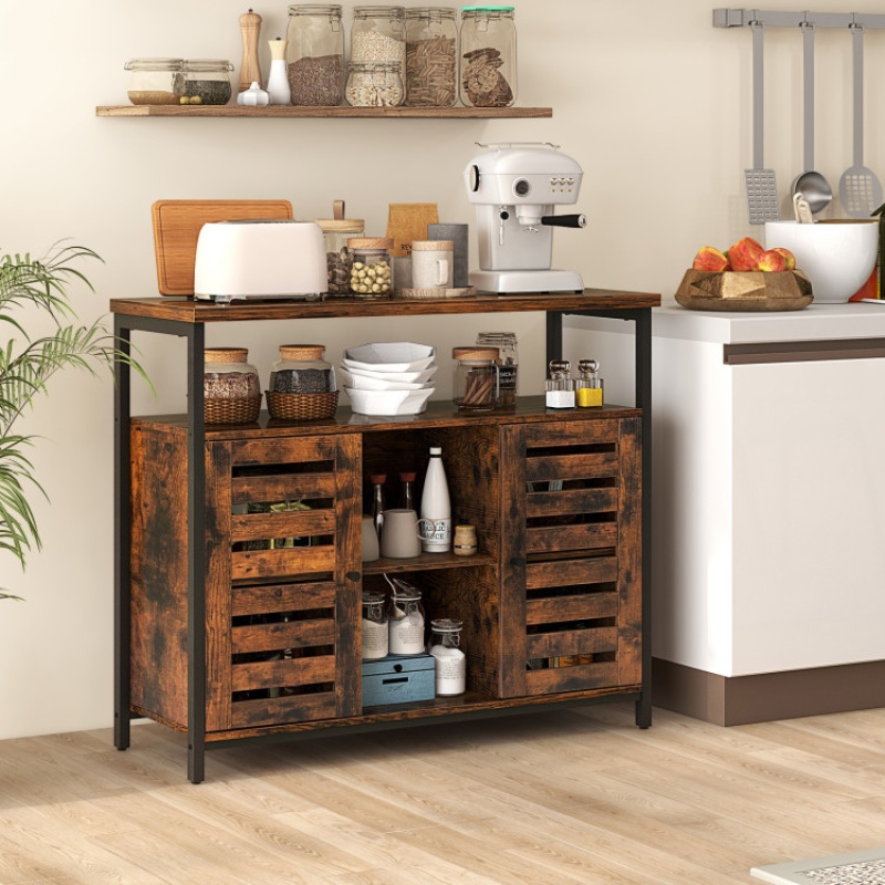 Buffet Cabinet Industrial Sideboard Storage Cabinet With Push-To-Open Slatted Door And 3 Adjustable Shelves-Rustic Brown