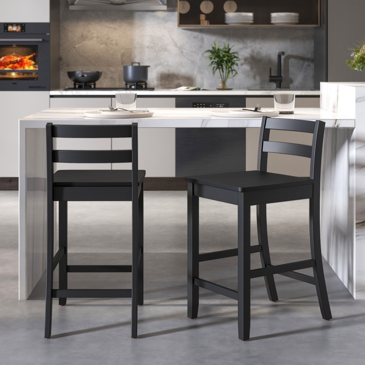 Wooden Bar Stools Set Of 2 With Ergonomic Backrest And Footrest-Black
