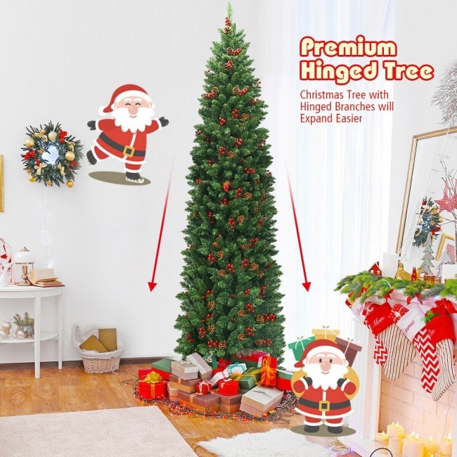 7.5 Feet Pre-Lit Hinged Pencil Christmas Tree With Pine Cones Red Berries