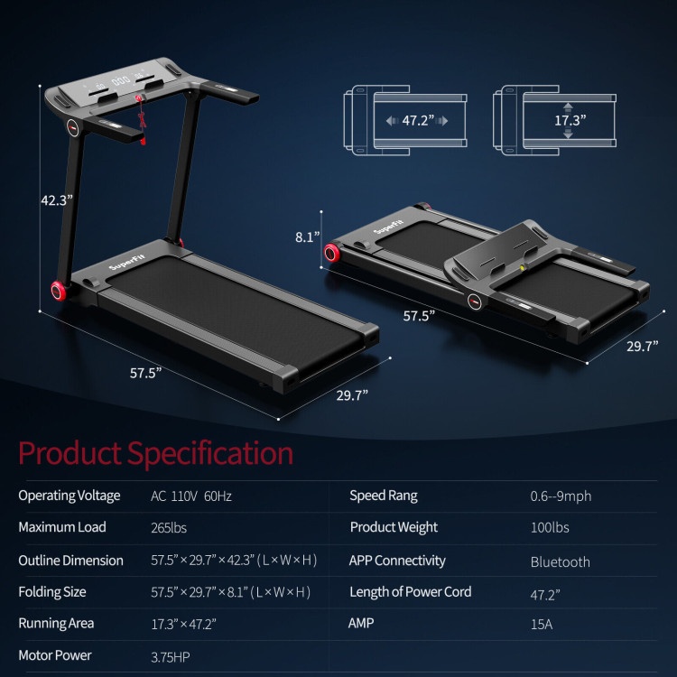 3.75Hp Folding Treadmill With App And 12 Preset Programs